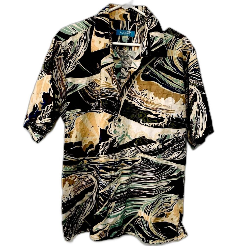 Kai Clothing "Hypnotik Wave" Hawaiian Shirt Waves Canoes Volcano Brown/Blue Sz L